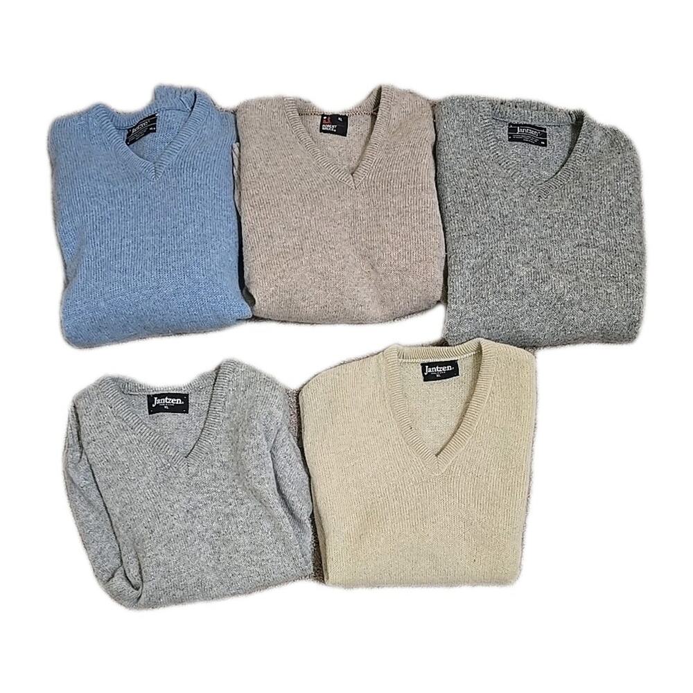 Lot of 5 Vtg 80s Jantzen Wool Blend V-Neck Knit Vest & Sweaters Men's Size XL